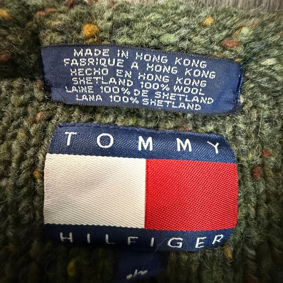 Tommy Hilfiger 100% Shetland Wool Chunky Speckled Forest Green V-Neck Sweate - Picture 3 of 5